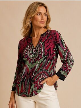 Bob Mackie Wearable Art Printed Boho Blouse Size 1X